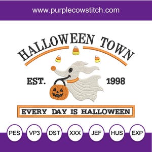 May include: An embroidery design featuring a ghost character holding a jack-o'-lantern, with the text HALLOWEEN TOWN EST. 1998 and EVERY DAY IS HALLOWEEN. Includes candy corn icons, the website www.purplecowstitch.com, and file formats PES, VP3, DST, XXX, JEF, HUS, EXP.