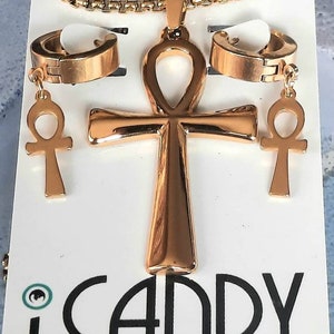 Gender Neutral, Gold Plated/Black, Stainless Steel, Cultural Ankh Cross Pendant & Necklace With Huggie Ankh Cross Earrings Gift Set