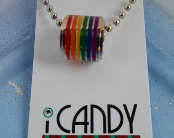 Stainless Steel Silver LGBTQ+ Gay Lesbian Hand Painted Rainbow Ring/Cylinder Pendant and 16" Ball Chain