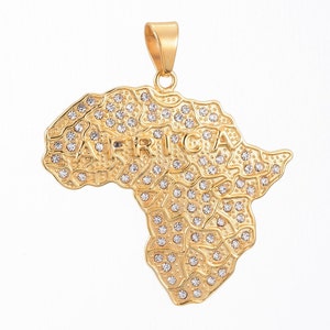 Gold Stainless Steel Oversized Cubic Zirconia stones Unisex Africa Map Pendant & 60cm Chain