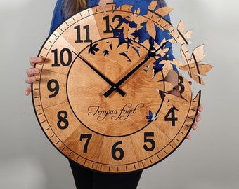 Horloge murale grande taille en bois "Tempus fugit", chiffres arabes, horloge silencieuse, horloge murale design, pendule murale bois