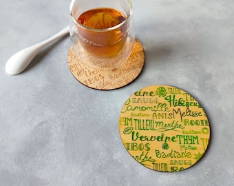 Round wooden coasters, laser engraved coaster, coaster gift, hearbal teas coasters, housewarming gifts, unique coasters, coaster nature