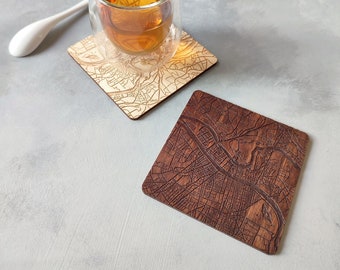 Square wooden coaster, coasters with city map, engraved location map, wooden coaster, beer coaster, handmade glass coaster