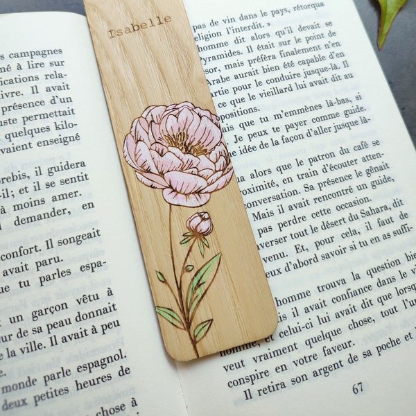 Custom bookmark, wooden bookmark to personalize, laser engraved peony bookmark, personalized wood bookmark, handmade bookmark