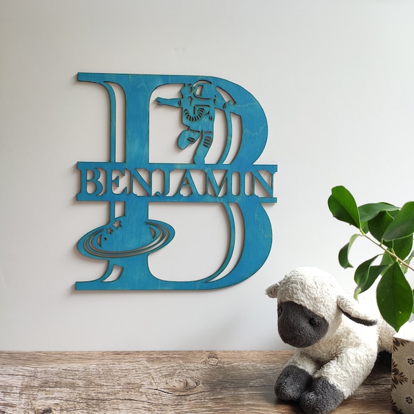 Wooden name sign to personalize/ initial letter / nursery girl or boy / birth or birthday gift / theme Space