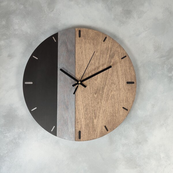 Horloge bois métal, horloge murale bois, pendule murale design, horloge minimaliste découpe laser, horloge originale, horloge industrielle