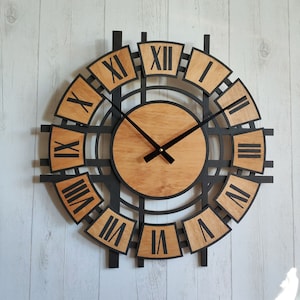 Large wooden wall clock  industrial style
