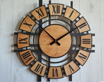 Horloge murale grande taille en bois style industriel