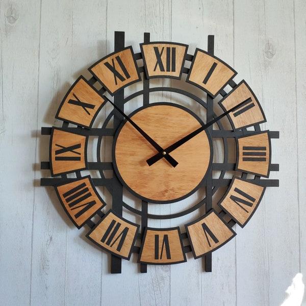 Horloge murale grande taille en bois style industriel