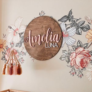 Nursery Name Sign, 12-36 Inch, Baby Shower, Personalized Round plaque, Customize Wood Baby Sign, 3D Name Sign, Vintage Floral Theme