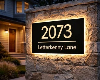 Solar Power Backlit LED House Number Sign: Custom Illuminated Metal with Acrylic Address Plate-Outdoor