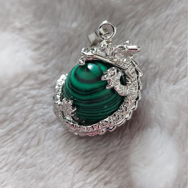 Dragon Wrapped Malachite Crystal Ball with Sterling Silver Necklace/Malachite Pendant/Malachite Gemstone Necklace/Malachite Dragon Wrapped