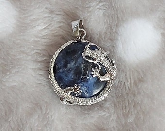 Dragon Wrapped Sodalite Flat Round Crystal with Sterling Silver Necklace/Sodalite Crystal Pendant/Sodalite Gemstone Necklace/Sodalite Dragon