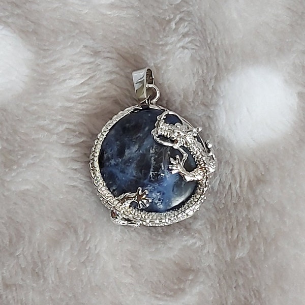 Dragon Wrapped Sodalite Flat Round Crystal with Sterling Silver Necklace/Sodalite Crystal Pendant/Sodalite Gemstone Necklace/Sodalite Dragon