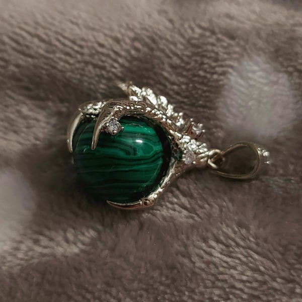 Dragon Claw Grasped Malachite Crystal Ball with Sterling Silver Necklace/Malachite Crystal Pendant/Gemstone Necklace/Malachite  Dragon Claw