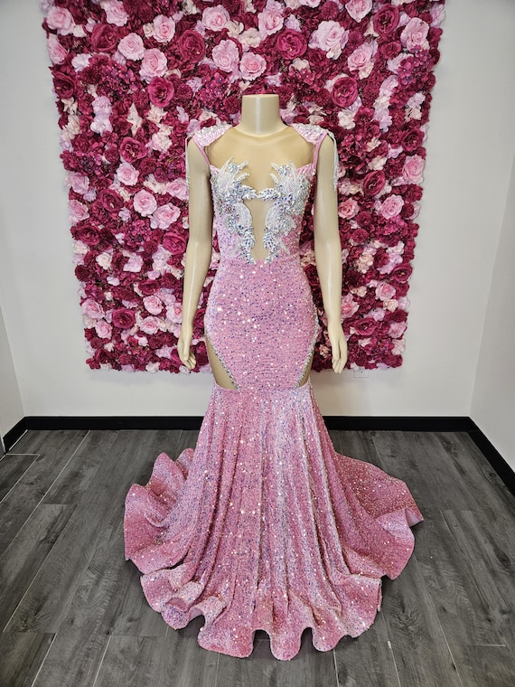 Pink Prom Dress, African Mermaid Dress, Diamond Dress, Special Occasion Dresses, Handmade Haute Couture Gown, Luxe Prom Dress, Evening Gown