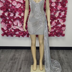 Silver Luxury Birthday Dress, Bling Rhinestone Birthday Dress, Handmade Party Dress, Haute Couture, Sexy Party Dress, Special Occasion Dress