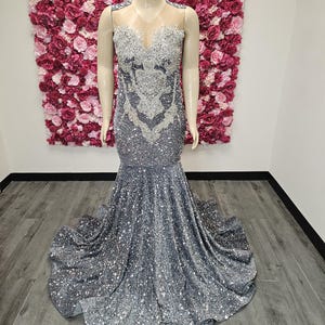 Silver Plus Size Prom Dress, African Mermaid Dress, Diamond Dress, Special Occasion Dresses,  Handmade Haute Couture Gown,  Evening Gown