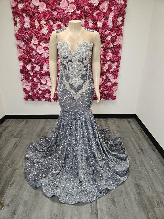 diamond sequin prom dress Bedazzled Diamonds& Crystals Beaded Mermaid Prom Dress