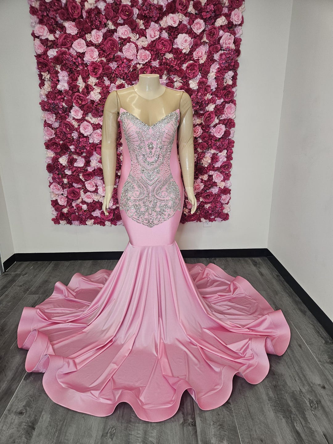 chinese dress ladies Pink Strapless Pleating Shiny Satin Mermaid with Slit Prom Dresses, CP1038 US12 / Custom Color(Leaving A note) main image 1