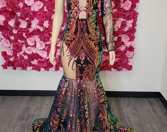 Iridescent Sequin Mermaid Prom Dress, Multicolor Designer Evening Gown, Luxury Couture Formal Dress with Dramatic Train