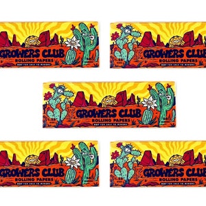 May include: Five packs of Growers Club rolling papers. Each pack features a cartoon cactus with a smiling face and a yellow sun with rays. The text "Growers Club Rolling Papers" is printed in black on a yellow background.