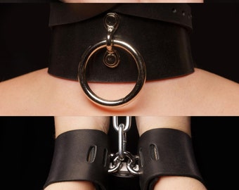 5 Piece Locking leather bondage set. Bondage Collar, Wrist and Ankle Cuffs. Genuine leather. Ready for Play.
