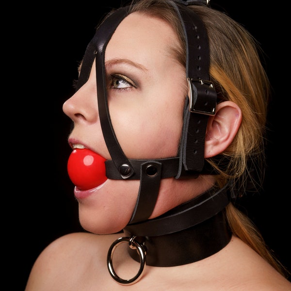 Leather Harness Gag. HEAVY DUTY VERSION. Crossing chin-strap. Black latigo leather.