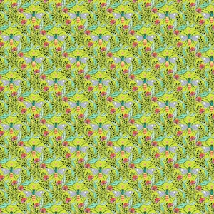 May include: A repeating pattern featuring stylized bees, leaves, and flowers in shades of green, blue, red, and yellow. The design has a whimsical, botanical theme, with a bright, cheerful color palette. The pattern is suitable for fabric or wallpaper.