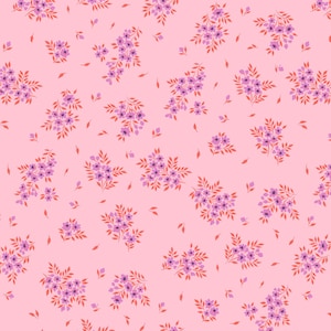 May include: A repeating pattern of small purple flowers and reddish-orange leaves scattered across a light pink background. The floral design is evenly spaced, creating a delicate and feminine aesthetic. The pattern is suitable for fabric or wallpaper.