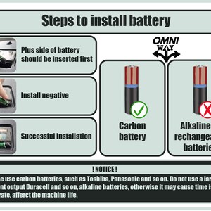 Puede incluir: Diagrama que muestra c&oacute;mo instalar una bater&iacute;a en un dispositivo. El diagrama muestra la forma correcta de insertar la bater&iacute;a, con el lado positivo hacia adentro primero. Tambi&eacute;n muestra la diferencia entre una bater&iacute;a de carb&oacute;n y una bater&iacute;a alcalina o recargable. El texto dice "Pasos para instalar la bater&iacute;a" y "Por favor, utilice bater&iacute;as de carb&oacute;n, como Toshiba, Panasonic, etc. No utilice bater&iacute;as alcalinas de alta potencia, como Duracell, etc., ya que esto puede causar que el tiempo no sea preciso y afectar la vida &uacute;til del dispositivo."
