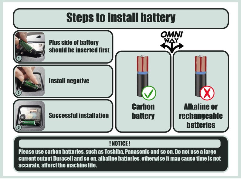 Puede incluir: Diagrama que muestra c&oacute;mo instalar una bater&iacute;a en un dispositivo. El diagrama muestra la forma correcta de insertar la bater&iacute;a, con el lado positivo hacia adentro primero. Tambi&eacute;n muestra la diferencia entre una bater&iacute;a de carb&oacute;n y una bater&iacute;a alcalina o recargable. El texto dice "Pasos para instalar la bater&iacute;a" y "Por favor, utilice bater&iacute;as de carb&oacute;n, como Toshiba, Panasonic, etc. No utilice bater&iacute;as alcalinas de alta potencia, como Duracell, etc., ya que esto puede causar que el tiempo no sea preciso y afectar la vida &uacute;til del dispositivo."
