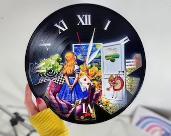 Reloj de pared de Alicia en el País de las Maravillas: disco de vinilo reciclado, regalo para amantes de la lectura