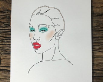 Original Single Line and Make up Illustration / Art mural coloré / Impression de design de mode / Art contemporain / Fait à la main