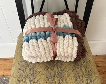Handmade Chunky Knit Striped Blanket- Cozy throw with border and multi-colored stripes