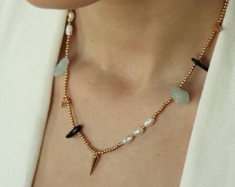 Gemstone Necklace / Crystal Necklace / Aquamarine, Onyx and Pearl Necklace / Statement Necklace / Jewellery Gift for Her Women