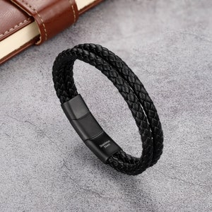 Bracelet Men Genuine Leather Stainless Steel Black Brown Multi-Layer Adjustable Magnetic Buckle Braided Gift for Him Dad