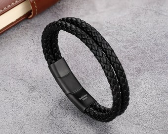 Bracelet Men Genuine Leather Stainless Steel Black Brown Multi-Layer Adjustable Magnetic Buckle Braided Gift for Him Dad