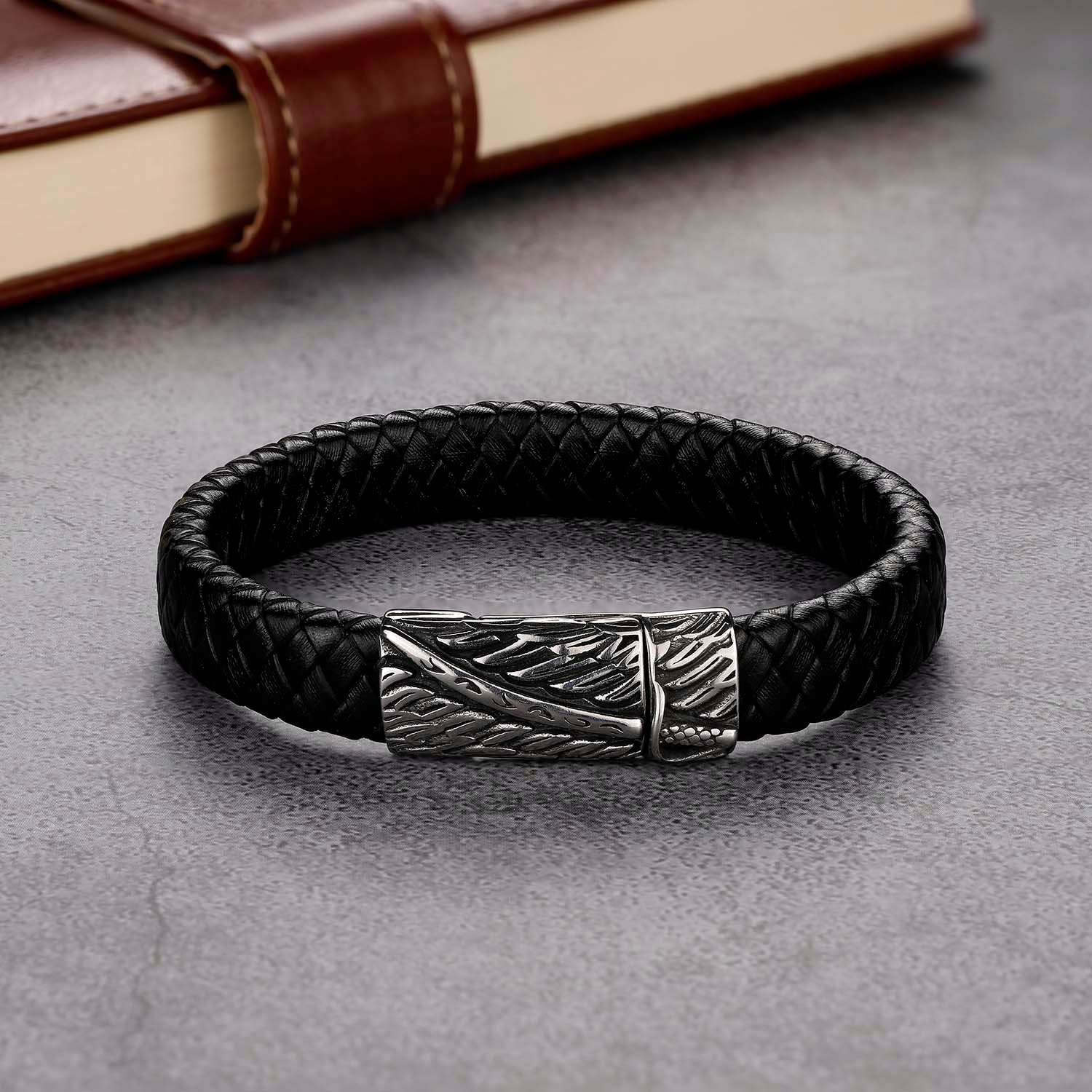 MENS14MM Handmade Genuine Black Braided Leather Stainless Steel Clasp Bracelet 