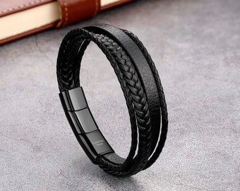 Bracelet Men Genuine Leather Stainless Steel Black Multi-Layer Adjustable Magnetic Buckle Braided, Gift for Him Men Dad