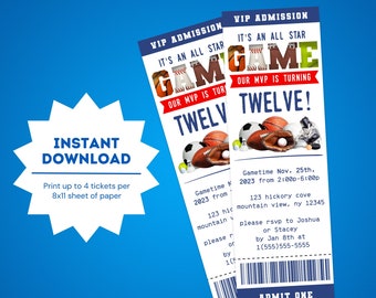 May include: A blue and red ticket with the text "VIP Admission It's an All Star Game Our MVP is Turning Twelve!" and a graphic of sports equipment. The ticket includes the date, time, and location of the event. The text "Gametime Nov. 25th, 2023 from 2:00p-6:00p 123 hickory cove mountain view, ny 12345 please rsvp to Joshua or Stacey by Jan 8th at 1(555)555-5555" is also included.