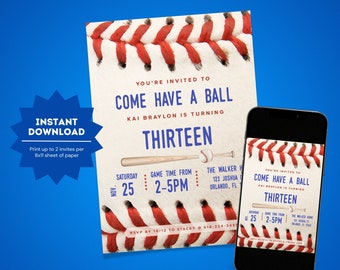 Baseball-Einladung zum Geburtstag | Baseball Geburtstag einladen | Baseball-Themenparty | Baseball Party druckbare Einladung | Baseball Ball einladen