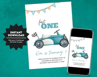 Invitación de cumpleaños de coche / Invitación a fiesta de coches de carreras vintage / Fiesta temática de coches / Invitación de cumpleaños de coches de carreras azules / Invitación de cumpleaños para niños