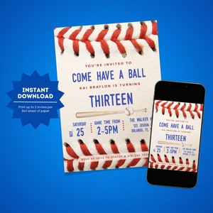 Baseball-Einladung zum Geburtstag | Baseball Geburtstag einladen | Baseball-Themenparty | Baseball Party druckbare Einladung | Baseball Ball einladen