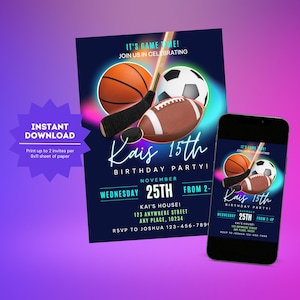 Sports Birthday invitation |  All Star Sports Party Invitation | Sports Invite | Multiple Sports Invitation | Sports Themed Party | Editable
