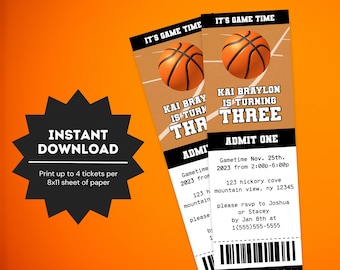 May include: Basketball-themed birthday party tickets. The tickets are brown and white with a basketball graphic and the text "Kai Braylon is turning three." The tickets also include event details and RSVP information. The tickets are designed to be printed on 8x11 inch paper.