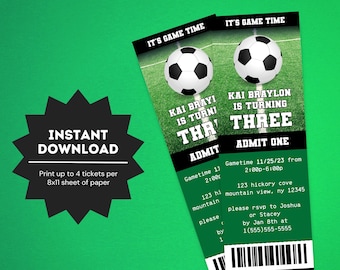 May include: Two green soccer-themed birthday party tickets with a soccer ball graphic and the text "It's Game Time." The tickets read "Kai Brayi is turning three." Includes event details and RSVP information.