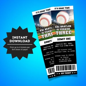 Baseball Theme Birthday Ticket Invitation | Kids Baseball Birthday Party Invite | Baseball Party Decoration | Baseball Game Ticket invite