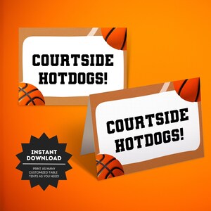 Etiquetas de comida para festa de aniversário de basquete | Cartões de lugar de buffet com tema de basquete | Placas de barraca de comida para aniversário de esportes | Decoração para festa de basquete