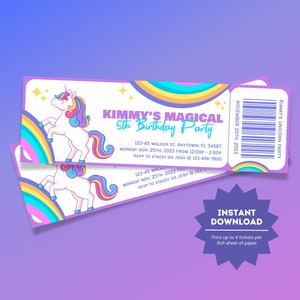Einhorn Geburtstags-Eintrittskarte | Einhorn Regenbogen Party einladen | Einhorn-Themenparty | Einhorn Geburtstag einladen | Mädchen Einhorn Geburtstag